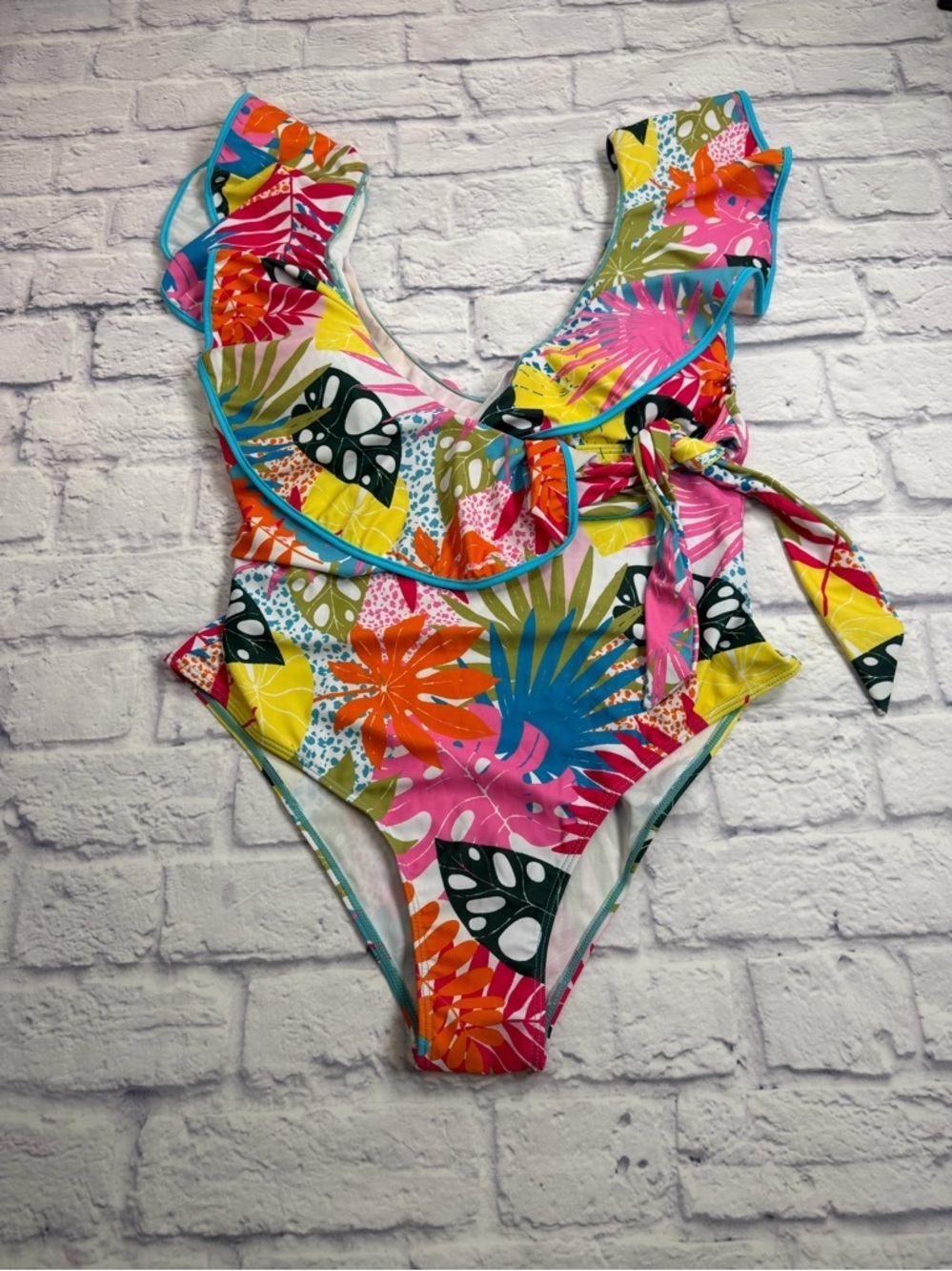 Tropical One-Piece Swimsuit with Ruffle & Side Tie - Multicolor. Size XL.